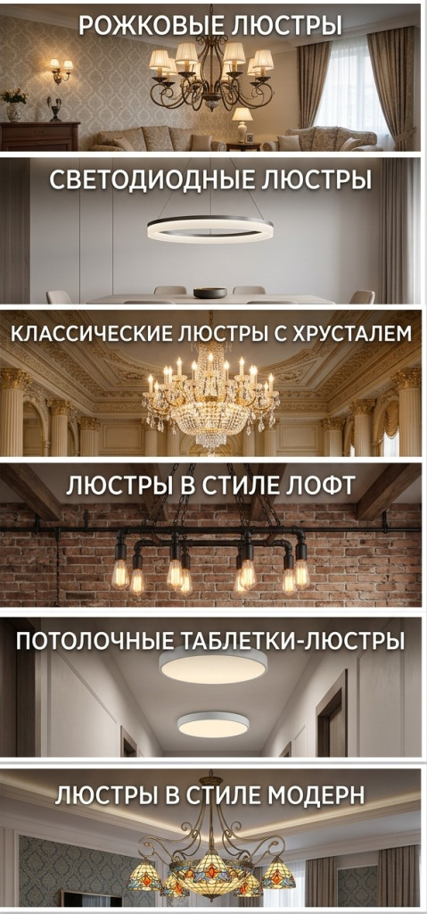 Виды люстр: рожковые люстры, светодиодные, классические люстры с хрусталем, люстры в стиле лофт, потолочные таблетки-люстры, люстры в стиле модерн